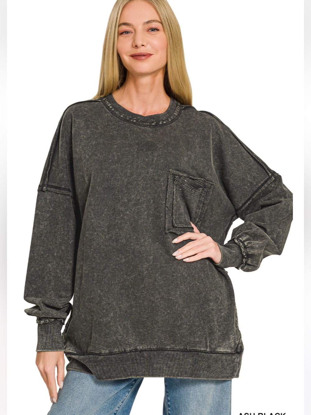 Zenana Ash Black French Terry Cotton Acid Wash Long Sleeve Sweatshirt